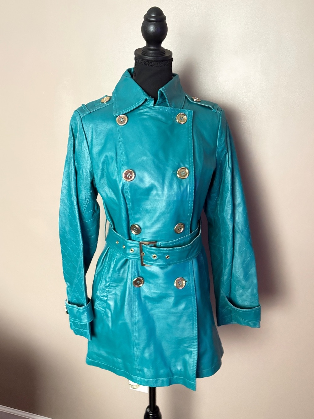 IMAN Teal Genuine Leather Double Breasted belted Trench Coat Jacket Sz XS EUC